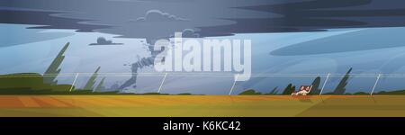 Tornado in der Landschaft Hurrikan Landschaft der Sturm Wasserhose Twister im Feld Naturkatastrophe Konzept Flachbild Vector Illustration Stock Vektor