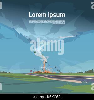 Tornado in der Landschaft Hurrikan Landschaft der Sturm Wasserhose Twister im Feld Naturkatastrophe Konzept Stock Vektor