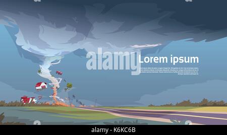 Tornado in der Landschaft Hurrikan Landschaft der Sturm Wasserhose Twister im Feld Naturkatastrophe Konzept Stock Vektor