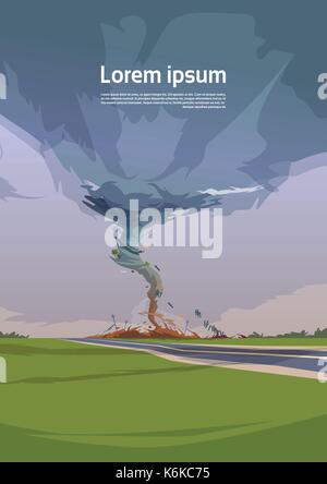 Tornado in der Landschaft Hurrikan Landschaft der Sturm Wasserhose Twister im Feld Naturkatastrophe Konzept Stock Vektor
