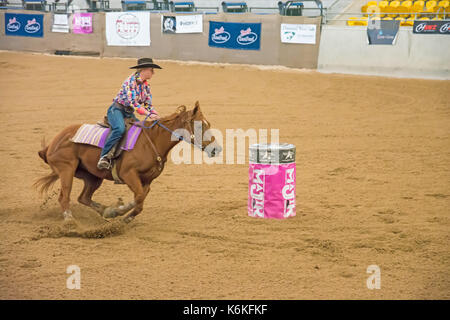 Reitsport, meine Damen National Finals Barrel Racing an der australischen Pferden und Vieh Events Center (AELEC) Indoor Arena, Tamworth NSW Australien, Se Stockfoto