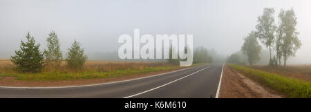 Herbst Landschaft mit Straßen, Nebel, Wald. nebligen Pfad. Herbst wetter Nebel auf dem Weg Stockfoto