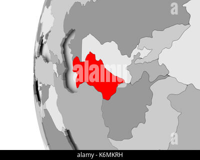Turkmenistan hervorgehoben auf grau 3D-Modell der politischen Welt. 3D-Darstellung. Stockfoto
