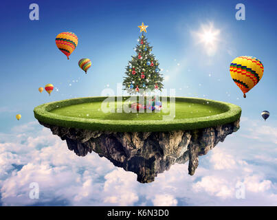 Amazing fantasy Landschaft mit schwimmenden Inseln Weihnachtsbaum und heiße Ballons Stockfoto