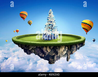 Amazing fantasy Landschaft mit schwimmenden Inseln mit weißen Weihnachtsbaum, heiße Ballons und Dekoration Stockfoto