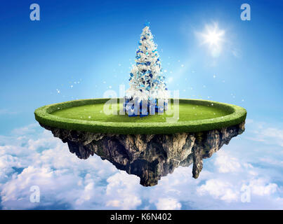 Amazing fantasy Landschaft mit schwimmenden Inseln mit weißen Weihnachtsbaum Stockfoto