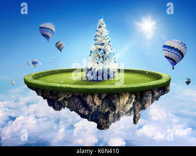 Amazing fantasy Landschaft mit schwimmenden Inseln mit weißen Weihnachtsbaum, heiße Ballons und Dekoration Stockfoto