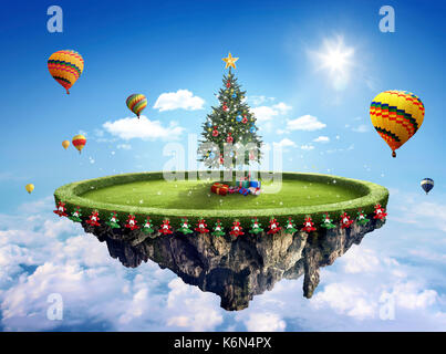 Amazing fantasy Landschaft mit schwimmenden Inseln mit Weihnachtsbaum, heiße Ballons und Dekoration Stockfoto