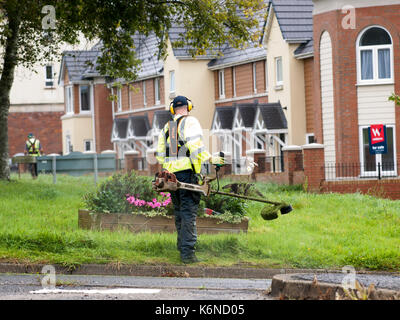 Arbeitnehmer in der High vis Jacke Schneiden von Gras mit einem Petrol strimmer Stockfoto