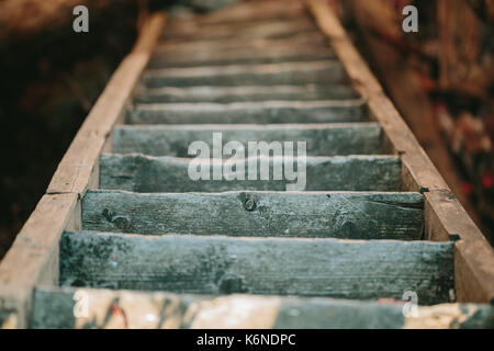 Alte Holztreppe absteigend nach unten Stockfoto