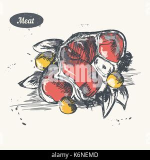 Hand gezeichnete Skizze. Fleisch Produkt. Vector vintage Abbildung. Isoliertes Objekt auf hellen beigen Hintergrund. Menü Design Stock Vektor