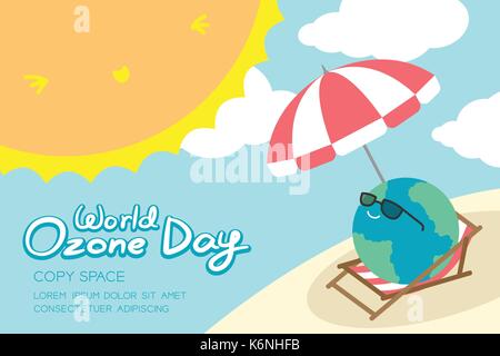 Welt Ozon Tag 16 September Horizont Banner gesetzt, globale Erwärmung Konzept Lächeln der Erde mit Sonnenbrille, Regenschirm, Stuhl, Strand, Sonne, Himmel und Cloud illust Stock Vektor