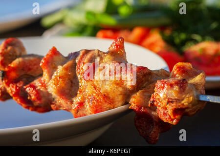 Lecker zubereitet schaschlik an der Platte. Stockfoto