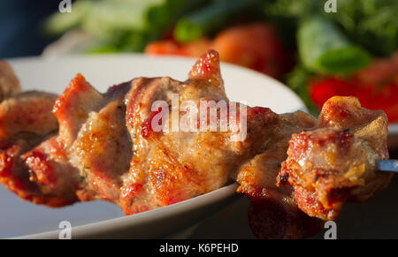 Lecker zubereitet schaschlik an der Platte. Stockfoto