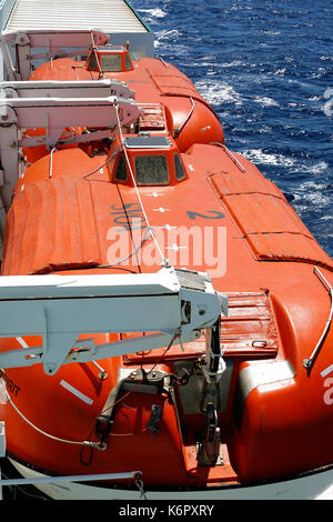 Igoumenitsa, Griechenland - August 3, 2016: Sicherheit Rettungsboote auf dem Deck eines hellenische Geist Fähre von Anek Unternehmen. Anek Lines ist die groesste Shippin Stockfoto