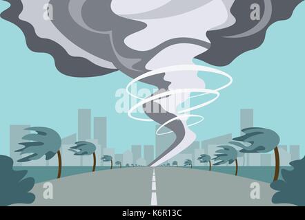 Tornado in der Landschaft Hurrikan Landschaft der Sturm Wasserhose Twister im Feld Naturkatastrophe Konzept Flachbild Vector Illustration Stock Vektor