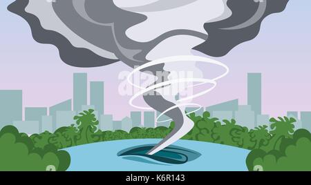 Tornado in der Landschaft Hurrikan Landschaft der Sturm Wasserhose Twister im Feld Naturkatastrophe Konzept Flachbild Vector Illustration Stock Vektor