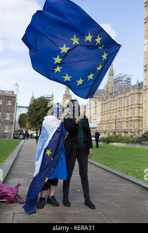 London, Großbritannien. 13 Sep, 2017. Pro-EU bleiben Wähler schwenkten EU-Flagge ausserhalb Westminster vor der 3 Millionen CitizensLobby 17 treffen. Credit: Radek Bayek/Alamy leben Nachrichten Stockfoto