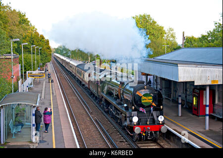 Hildenborough, Kent, Großbritannien. 13 Sep, 2017. Die spezielle Charter Zug feiert der Southern Railway berühmten Pullman Boot Zug, den "goldenen Pfeil", die von 1929 bis 1972 lief. Der Zug, organisiert von herfordshire Railtours, lief von London Victoria nach Dover und zurück. Die Dampflokomotive, 35028 'Clan' ursprünglich von Service wurde 1967 zurückgezogen und wurde von einem Preservation Society für die Restaurierung gekauft. Clan Leitung zurück zu Dampf 1974 und wird jetzt zur renommierten besondere Züge auf der Hauptstrecke zu schleppen. Quelle: Patrick nairne/Alamy leben Nachrichten Stockfoto