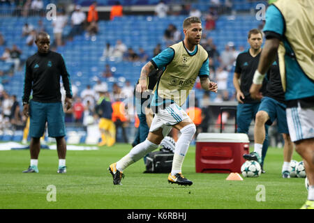 Madrid, Spanien. 13 Sep, 2017. Sergio Ramos von Real Madrid vor dem Champions-League-Spiel im Santiago Bernabeu Stadion von Real Madrid und APOEL spielte. 13. September 2017. Quelle: AFP 7/Alamy leben Nachrichten Stockfoto