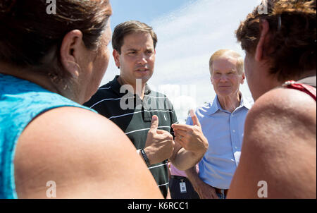 September 13, 2017 - Belle Glade, Florida, US-Senator Marco Rubio und Senator Bill Nelson Gespräch mit Belle Glade Bewohner Unterstützung bei der Verteilung von Nahrungsmitteln und Wasser bei NW 2. Straße und W Canal Street in Belle Glade, Florida am 13. September 2017. 2000 Mahlzeiten wurden in Partnerschaft mit Christus Fellowship Church, PBC Food Bank, Home Depot, Zuckerrohr Züchter, Stadt von Belle Glade, Stadt der Pahokee und der Stadt South Bay verteilt. Der Plan für Donnerstag ist auf 3000 Mahlzeiten mit Eis und Wasser an der gleichen Stelle zu verteilen. (Bild: © Allen Eyestone/Palm Beach Pos Stockfoto