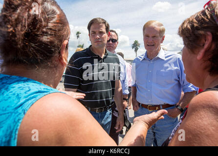 September 13, 2017 - Belle Glade, Florida, US-Senator Marco Rubio und Senator Bill Nelson Gespräch mit Belle Glade Bewohner Unterstützung bei der Verteilung von Nahrungsmitteln und Wasser bei NW 2. Straße und W Canal Street in Belle Glade, Florida am 13. September 2017. 2000 Mahlzeiten wurden in Partnerschaft mit Christus Fellowship Church, PBC Food Bank, Home Depot, Zuckerrohr Züchter, Stadt von Belle Glade, Stadt der Pahokee und der Stadt South Bay verteilt. Der Plan für Donnerstag ist auf 3000 Mahlzeiten mit Eis und Wasser am gleichen Standort verteilt werden soll. (Bild: © Allen Eyestone/Palm Beach Stockfoto