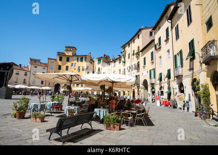 Einen sonnigen Sommertag in der Piazza Anfiteatro in Lucca, Toskana Italien Europa EU Stockfoto