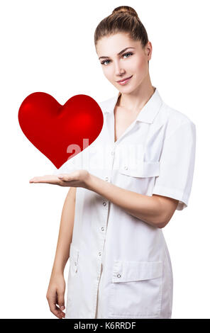 Kardiologe Frau Doktor halten Große rote Herzen. Stockfoto