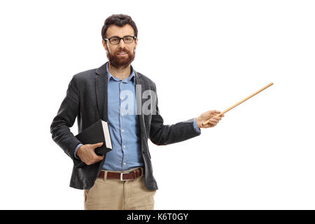 Lehrer mit einem Buch und einem Holzstab auf weißem Hintergrund Stockfoto