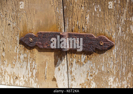 Im Alter von Rollläden Tür board mit Eisen verziert Beschläge und Schrauben. Stockfoto