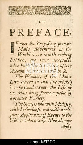 'Robinson Crusoe' Vorwort aus "Das Leben und die seltsamen überraschenden Abenteuer des Robinson Crusoe, oder York, Mariner" von Daniel Defoe (1660-1731) 1719 schriftliche Crusoe vorschlagen veröffentlicht wurde das Thema und das Buch non-fiction. Weitere Informationen finden Sie unten. Stockfoto