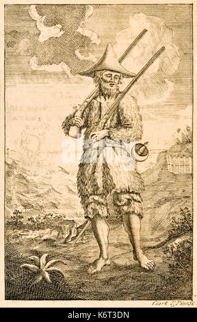 'Robinson Crusoe' Titelblatt Abbildung: Die vermeintliche Thema Crusoe am Ufer mit Musketen und Schwert. Von "Das Leben und die seltsamen überraschenden Abenteuer des Robinson Crusoe, oder York, Mariner" von Daniel Defoe (1660-1731) im Jahre 1719 veröffentlicht. Weitere Informationen finden Sie unten. Stockfoto