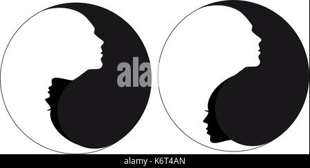 Yin Yang Symbol mit Mann und Frau, männliche und weibliche Gesichter, negative Space Vector Illustration Stock Vektor