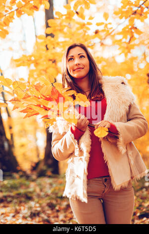 Schöne lächelnde Mädchen im Wald im Herbst. Sie hält gelbe Blätter und Denken. Stockfoto