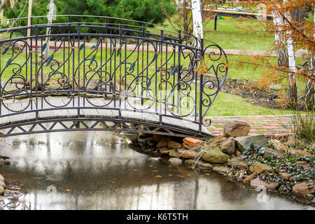 Malerische kleine Metall geschmiedet Brücke über den kleinen Teich in einem schönen Herbst Garten. Erste Anzeichen von frühfröste auf dem Wasser. Stockfoto