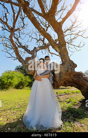 Foto von Vor Hochzeit Asiatische Paare unter einem Baum in einem Blumengarten im Konzept der Beginn einer Partnerschaft leben und Familie. Stockfoto