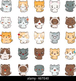 Cute Cartoon, Katzen und Hunde mit unterschiedlichen Emotionen. Aufkleber Sammlung. Vektor einrichten von Doodle Emoji und Emoticons. Stock Vektor