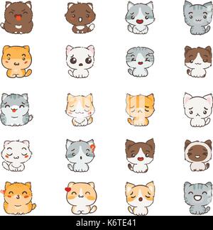 Cute Cartoon, Katzen und Hunde mit unterschiedlichen Emotionen. Aufkleber Sammlung. Vektor einrichten von Doodle Emoji und Emoticons. Stock Vektor