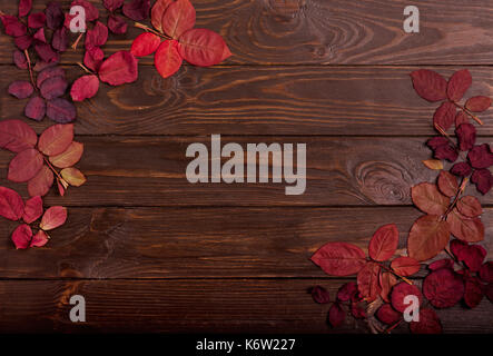 Flat lay frame of autumn crimson leaves on a dark wooden background. Selective focus. Stockfoto