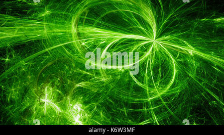Grün leuchtende Plasma elektromagnetische Felder im Raum, Computer-generierte Zusammenfassung Hintergrund, 3D-Rendering Stockfoto