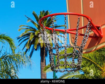 Eine Nahaufnahme von einem Basketballkorb mit einigen Palmen im Hintergrund. Stockfoto