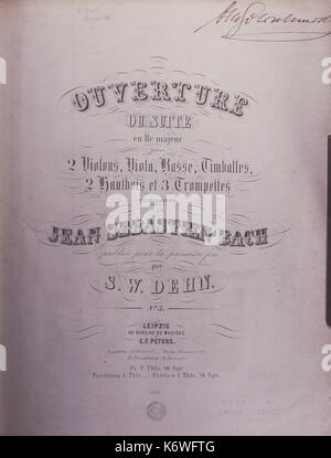 BACH, Johann Sebastian (Deutscher Komponist und Organist, 21. März 1685 - vom 28. Juli 1750) - Suite Nr. 3 in D-Dur. Titlepage von Bachs Ouverture/Suite, BWV 1068, von Peters, Leipzig, 1854 veröffentlicht. (Sagt zum ersten Mal veröffentlicht). Auch die "Air auf der G-Saite' Stockfoto