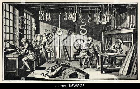 Gravur von diderots Encyclopedie'', 1769 Instrument - Maker's Werkstatt und Werkzeuge - Instrumente, einschließlich: Geige, laute, Mandoline, Schlange, Harfe, Gitarre, Orgel, Posaune, Fagott, Cello. 18. Jahrhundert - späten Barock/Klassik. Handwerk Stockfoto