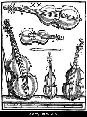 Gamben mit Bogen: 1-3 treble, tenor and bass Violen da Gamba (4) Viola Bastarda (Lyra Viol); 5. Da braccio Lyra Viol. Platte XX von PRAETORIUS'S yntagma Musicum' (1619): deutscher Musiker, Komponist und Theoretiker, 15. Februar 1571 bis 15. Februar 1621. Stockfoto