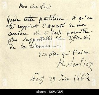 BERLIOZ: Les Troyens - Brief von Hingabe Schreiben Hingabe an das 'Louis', 29. Juni 1862 (sein Sohn). (Troyens wurde geschrieben, 1856-8, jedoch nicht durchgeführt, bis 1863), französischer Komponist (1803-1869) Stockfoto