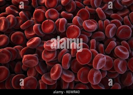 Landschaft in der Nähe von Bild des oxygenierten rote Blutkörperchen (Erythrozyten) aufgetürmt, Vollbild, alternative false reichen Rot stilisierte Darstellung. Stockfoto
