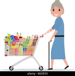 Vektor cartoon alte Frau mit Einkaufswagen Stock Vektor