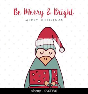 Frohe Weihnachten hand Tier Grußkarte erstellt. Cute penguin Cartoon mit Weihnachtsmütze, Geschenkbox, handschriftliche Typografie Zitat und Holiday Lights Decora Stock Vektor