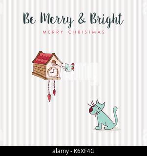 Frohe Weihnachten hand Tier Grußkarte erstellt. Lustige Katze und Kuckuck clock Cartoon mit holiday Typografie Zitat. EPS 10 Vektor. Stock Vektor