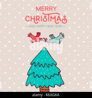 Frohe Weihnachten Frohes Neues Jahr Hand gezeichnet Grußkarte. Niedlichen Vögel fliegen über Pine Tree mit holiday Typografie Zitat. EPS 10 Vektor. Stock Vektor